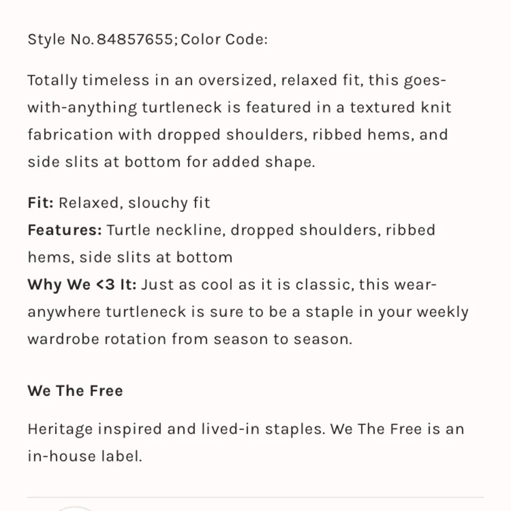 New: Free People We The Free Tommy Turtleneck. Knit. Size Small
